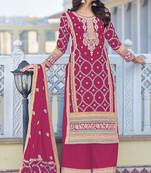 Magenta color embroidered chinon silk Blend semi stitched designer suit