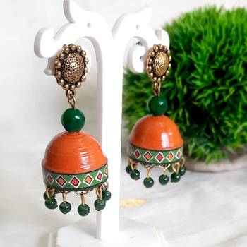 Orange Paper Studded Design Jhumka Earrings 1