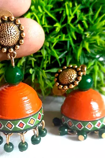 Orange Paper Studded Design Jhumka Earrings