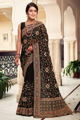 Black Kashmiri Resham Embroidered Georgette Saree With Blouse Piece 1