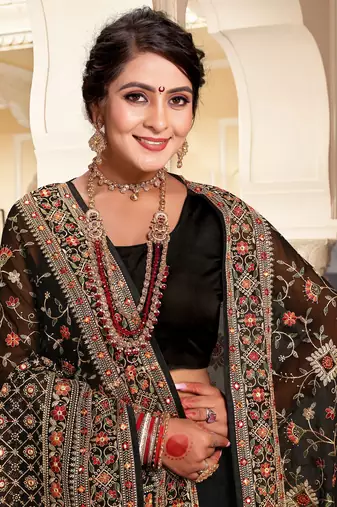 Black Kashmiri Resham Embroidered Georgette Saree With Blouse Piece
