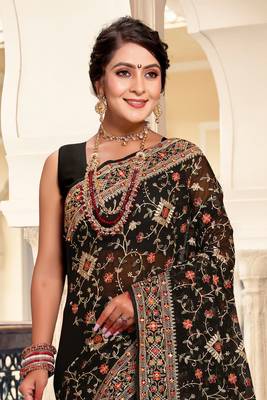 Black Kashmiri Resham Embroidered Georgette Saree With Blouse Piece 3