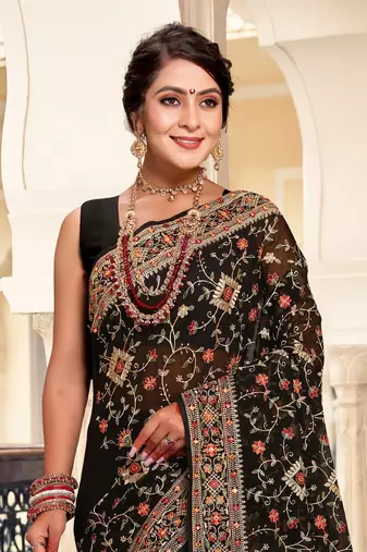 Black Kashmiri Resham Embroidered Georgette Saree With Blouse Piece