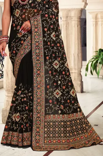 Black Kashmiri Resham Embroidered Georgette Saree With Blouse Piece
