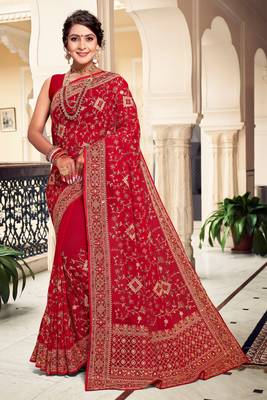 Red Kashmiri Resham Embroidered Georgette Saree With Blouse Piece 1