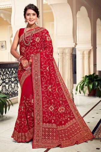 Red Kashmiri Resham Embroidered Georgette Saree With Blouse Piece