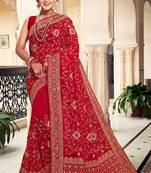 Red Kashmiri Resham Embroidered Georgette Saree With Blouse Piece