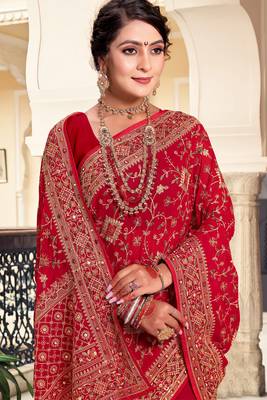 Red Kashmiri Resham Embroidered Georgette Saree With Blouse Piece 2