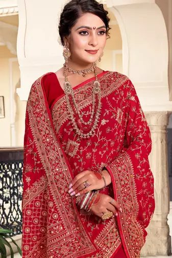 Red Kashmiri Resham Embroidered Georgette Saree With Blouse Piece