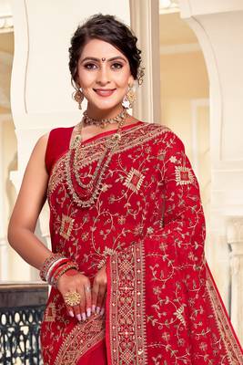 Red Kashmiri Resham Embroidered Georgette Saree With Blouse Piece 3