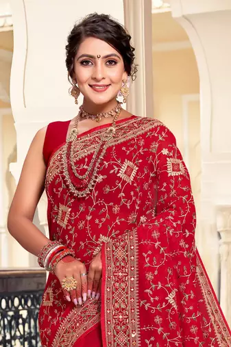 Red Kashmiri Resham Embroidered Georgette Saree With Blouse Piece