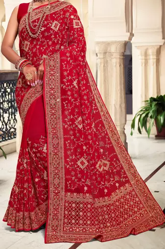 Red Kashmiri Resham Embroidered Georgette Saree With Blouse Piece