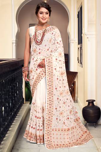 Off White Kashmiri Resham Embroidered Georgette Saree With Blouse Piece