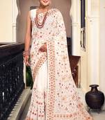 Off White Kashmiri Resham Embroidered Georgette Saree With Blouse Piece