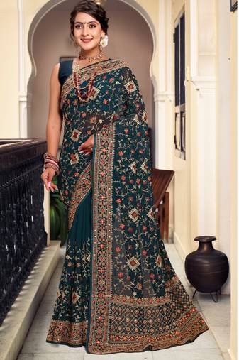 Teal Blue Kashmiri Resham Embroidered Georgette Saree With Blouse Piece