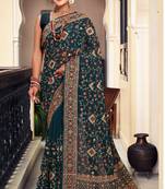 Teal Blue Kashmiri Resham Embroidered Georgette Saree With Blouse Piece