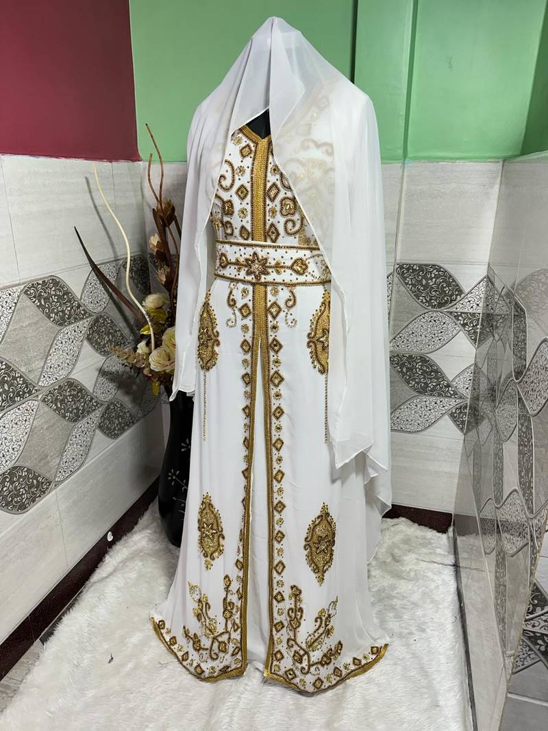 White Georgette Zari Stone and Beads Embedded Islamic Wedding Kaftan
