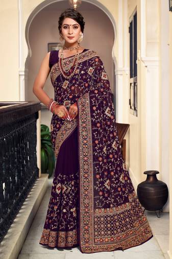 Purple Kashmiri Resham Embroidered Georgette Saree With Blouse Piece