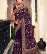 Purple Kashmiri Resham Embroidered Georgette Saree With Blouse Piece