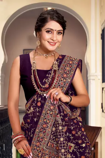 Purple Kashmiri Resham Embroidered Georgette Saree With Blouse Piece