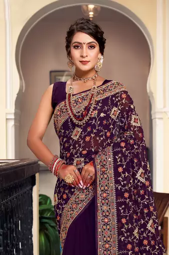 Purple Kashmiri Resham Embroidered Georgette Saree With Blouse Piece