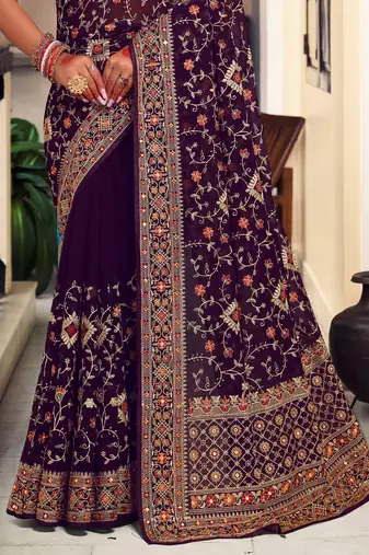 Purple Kashmiri Resham Embroidered Georgette Saree With Blouse Piece