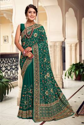 Green Kashmiri Resham Embroidered Georgette Saree With Blouse Piece 1