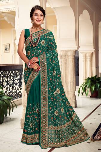 Green Kashmiri Resham Embroidered Georgette Saree With Blouse Piece