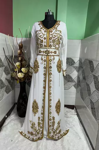 Luxurious White Georgette Wedding Kaftan Dress