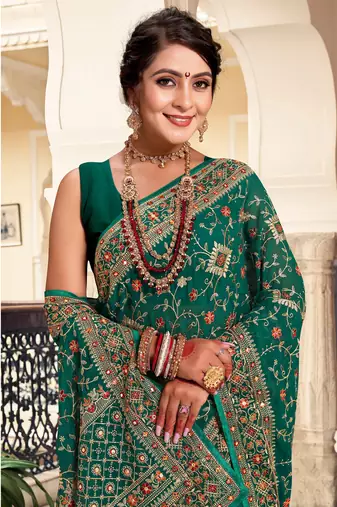 Green Kashmiri Resham Embroidered Georgette Saree With Blouse Piece
