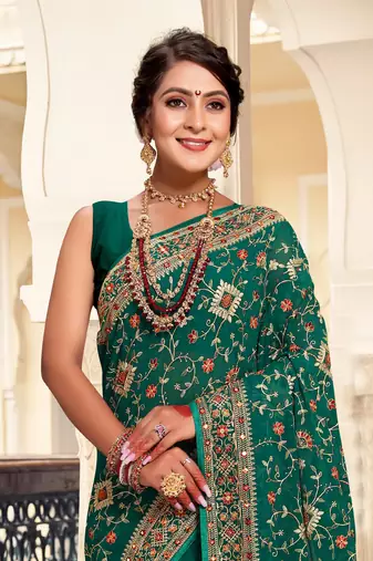 Green Kashmiri Resham Embroidered Georgette Saree With Blouse Piece
