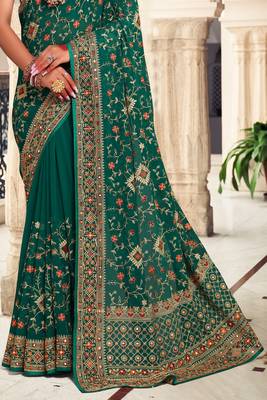 Green Kashmiri Resham Embroidered Georgette Saree With Blouse Piece 4