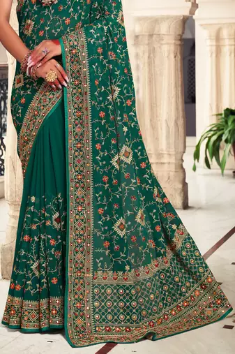 Green Kashmiri Resham Embroidered Georgette Saree With Blouse Piece