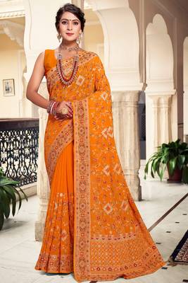 Mustard Kashmiri Resham Embroidered Georgette Saree With Blouse Piece 1