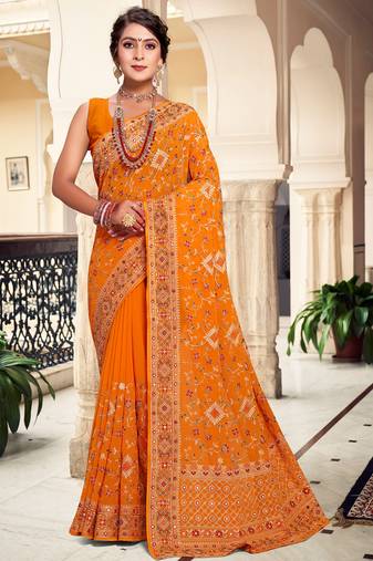 Mustard Kashmiri Resham Embroidered Georgette Saree With Blouse Piece