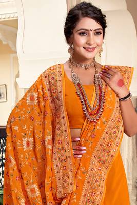 Mustard Kashmiri Resham Embroidered Georgette Saree With Blouse Piece 2