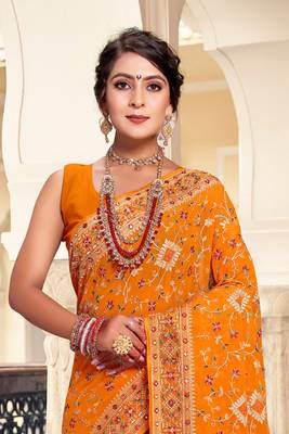 Mustard Kashmiri Resham Embroidered Georgette Saree With Blouse Piece 3