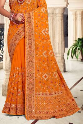 Mustard Kashmiri Resham Embroidered Georgette Saree With Blouse Piece 4