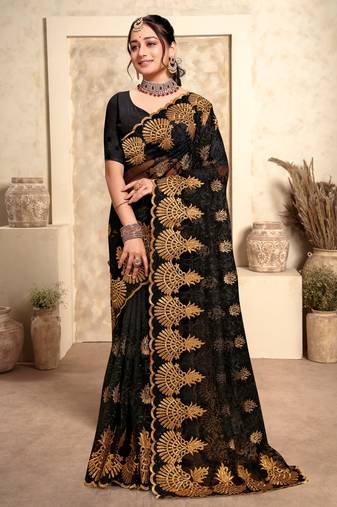 Black Zari Resham Stone Embroidered Net Party Wear Saree With Blouse Piece