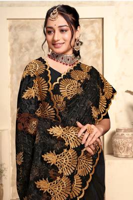 Black Zari Resham Stone Embroidered Net Party Wear Saree With Blouse Piece 2