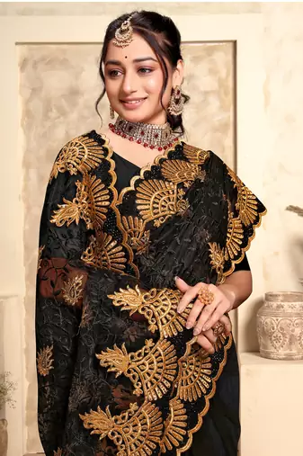 Black Zari Resham Stone Embroidered Net Party Wear Saree With Blouse Piece