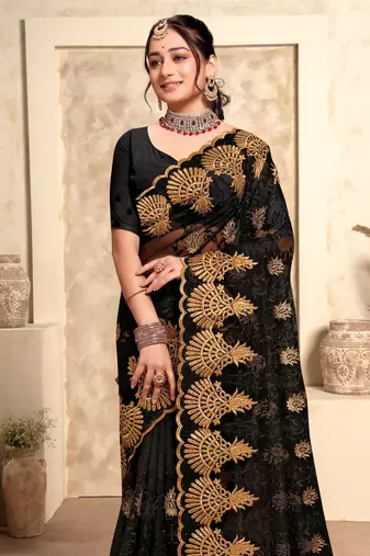 Black Zari Resham Stone Embroidered Net Party Wear Saree With Blouse Piece