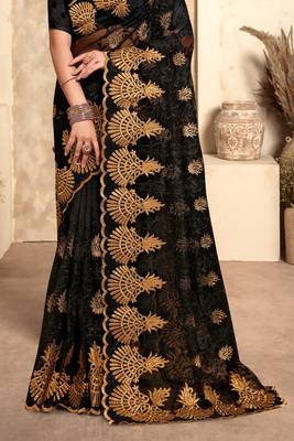 Black Zari Resham Stone Embroidered Net Party Wear Saree With Blouse Piece 4