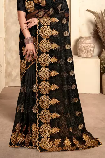 Black Zari Resham Stone Embroidered Net Party Wear Saree With Blouse Piece