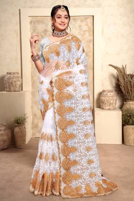 White Zari Resham Stone Embroidered Net Party Wear Saree With Blouse Piece 1