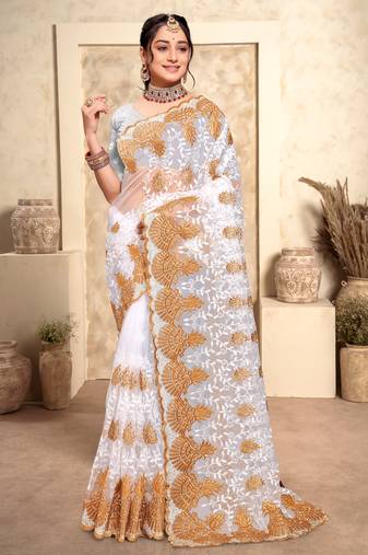 White Zari Resham Stone Embroidered Net Party Wear Saree With Blouse Piece