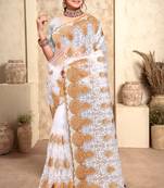 White Zari Resham Stone Embroidered Net Party Wear Saree With Blouse Piece