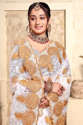 White Zari Resham Stone Embroidered Net Party Wear Saree With Blouse Piece 2