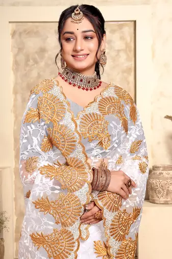 White Zari Resham Stone Embroidered Net Party Wear Saree With Blouse Piece
