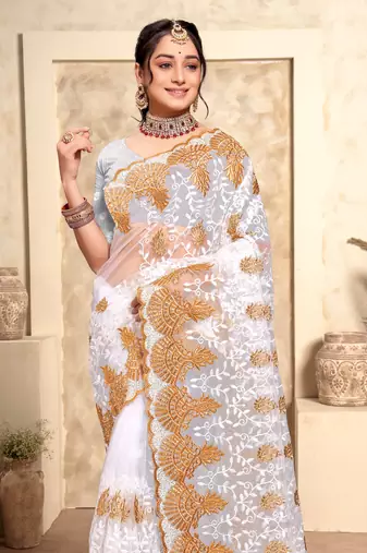 White Zari Resham Stone Embroidered Net Party Wear Saree With Blouse Piece